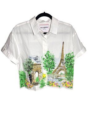 NWO Karl Lagerfeld Paris Limited Edition Graphic Crop Shirt White S MSRP $99